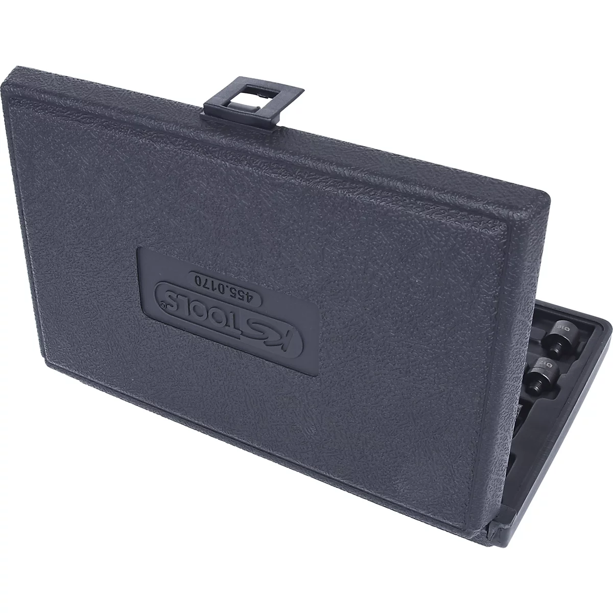 Schwarzer Werkzeugkoffer, halb geöffnet. Auf dem Koffer steht "KS TOOLS".